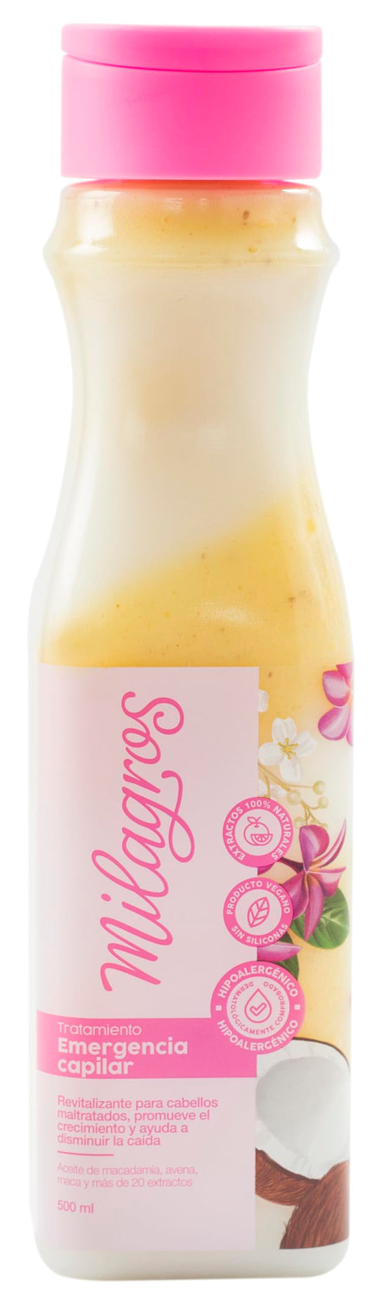 MILAGROS Emergency Hair Treatment bottle pouring to hydrate and renew hair