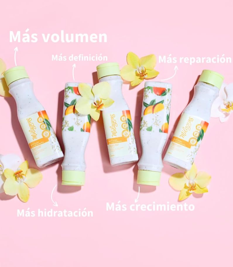 Milagros product highlights ginger, rosemary, mango and papaya extracts for care.