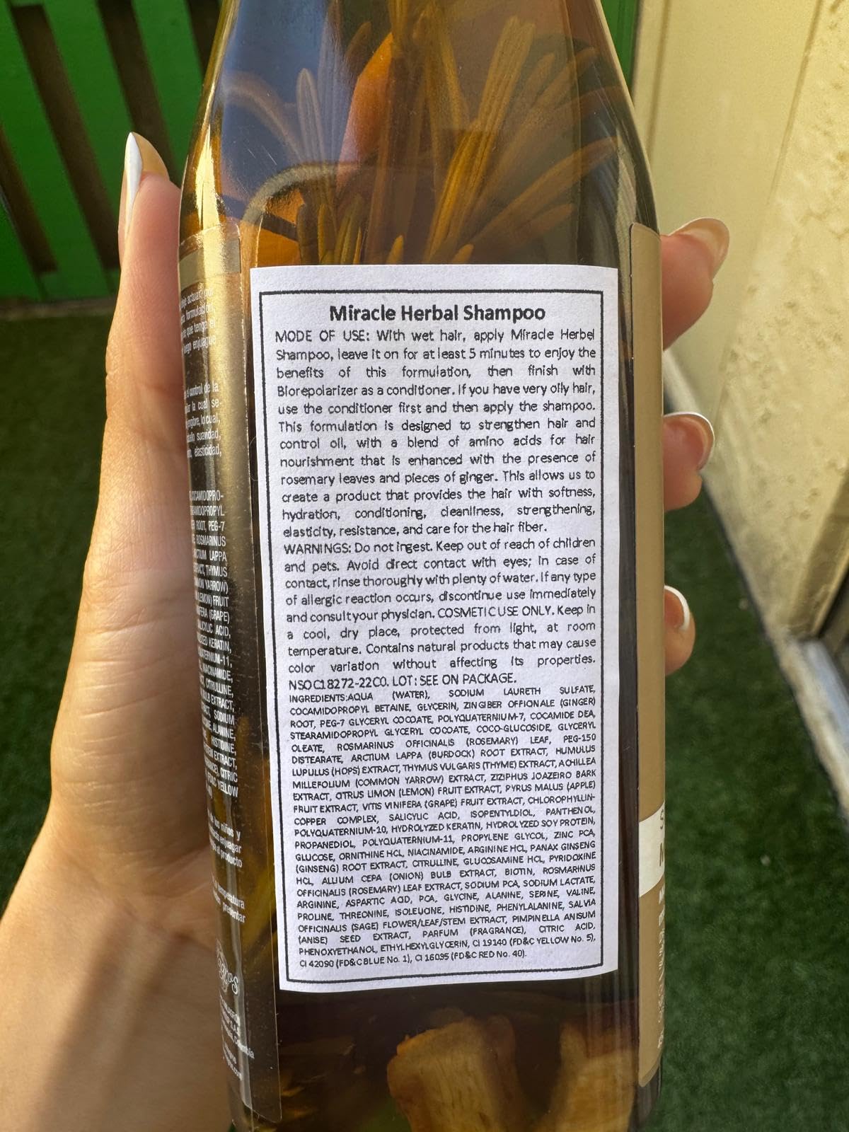 Milagros Rosemary Shampoo bottle pouring showing targeted usage