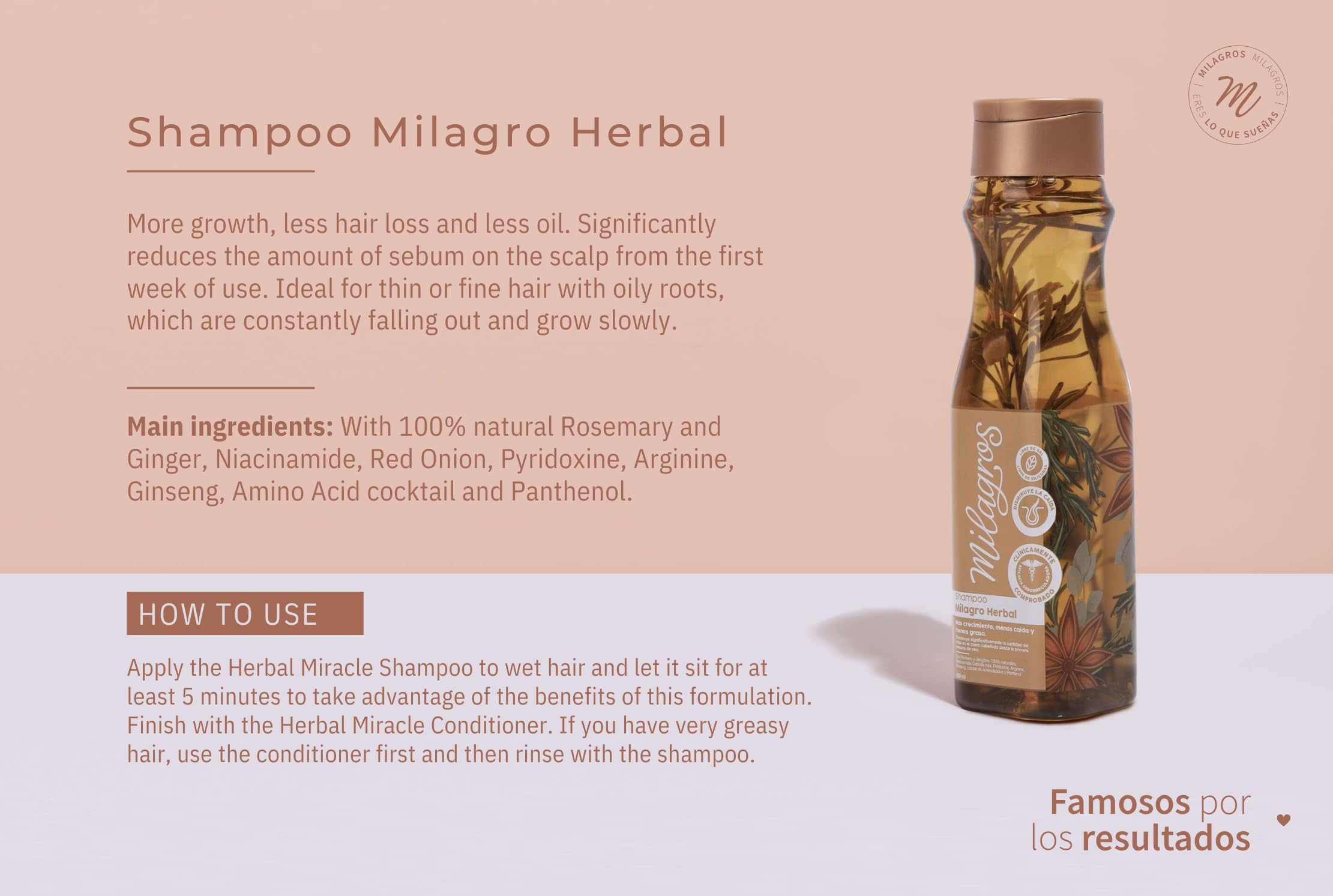 Milagros Rosemary Shampoo label closeup showcasing 100% natural ingredients