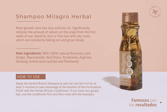 Milagros Rosemary Shampoo label closeup showcasing 100% natural ingredients