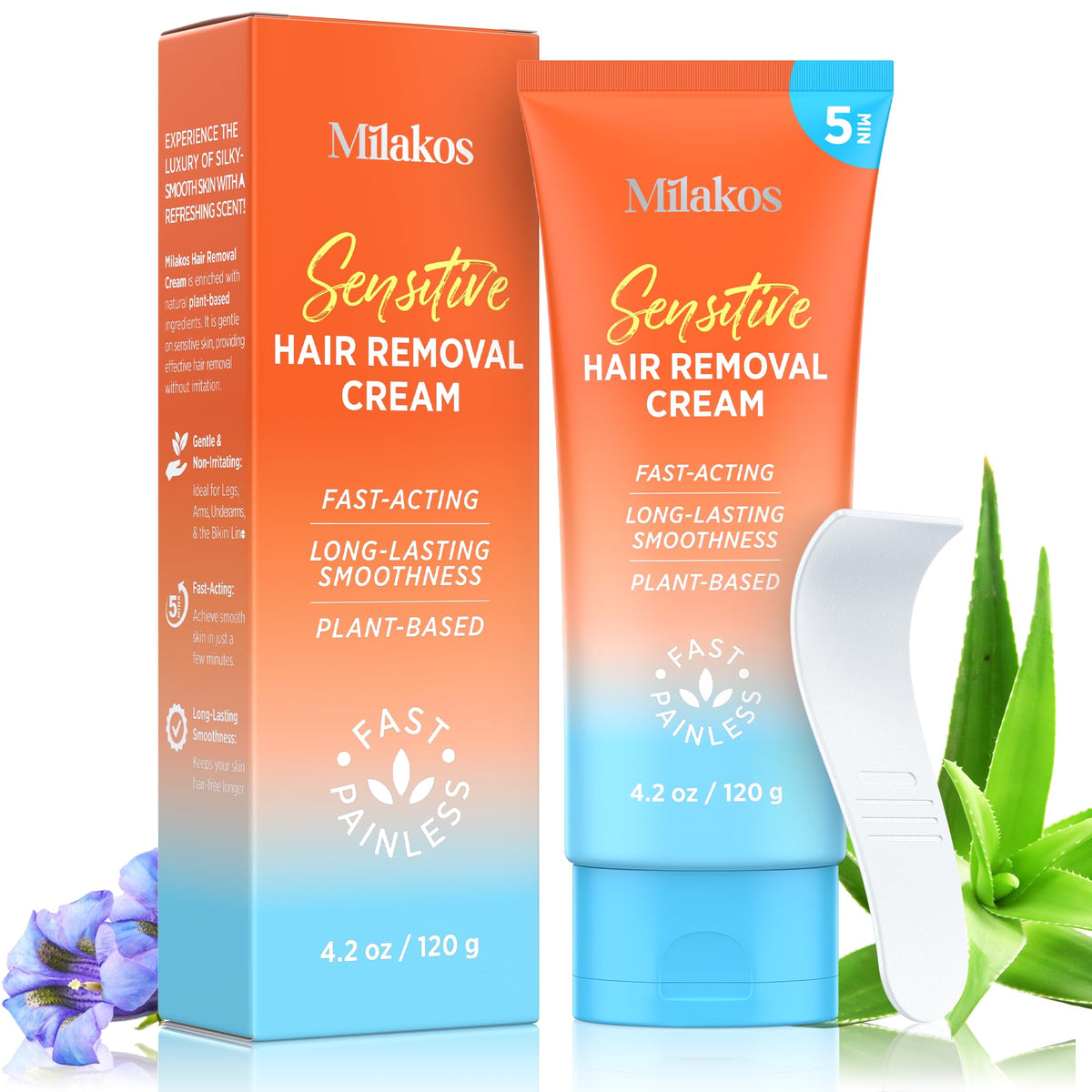 Milakos Painless Hair Removal Cream bottle for sensitive skin and at-home use.