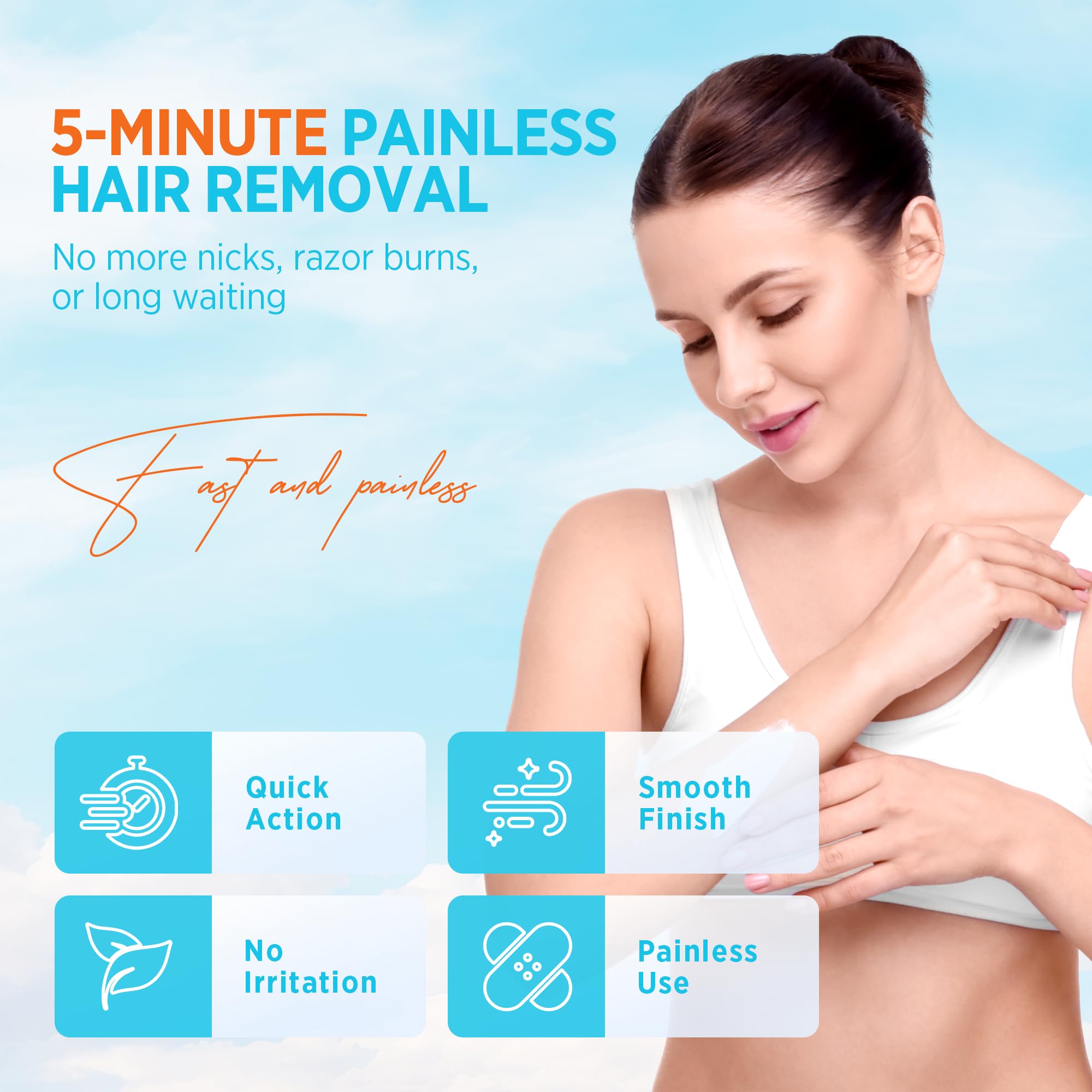 Milakos Painless Hair Removal Cream packaging showcases paraben-free, cruelty-free formula.