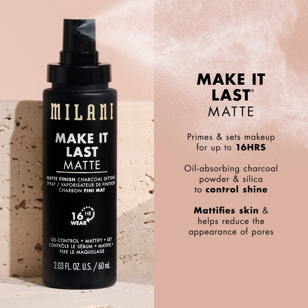 Milani charcoal powder close-up highlights oil control and lasting setting power.