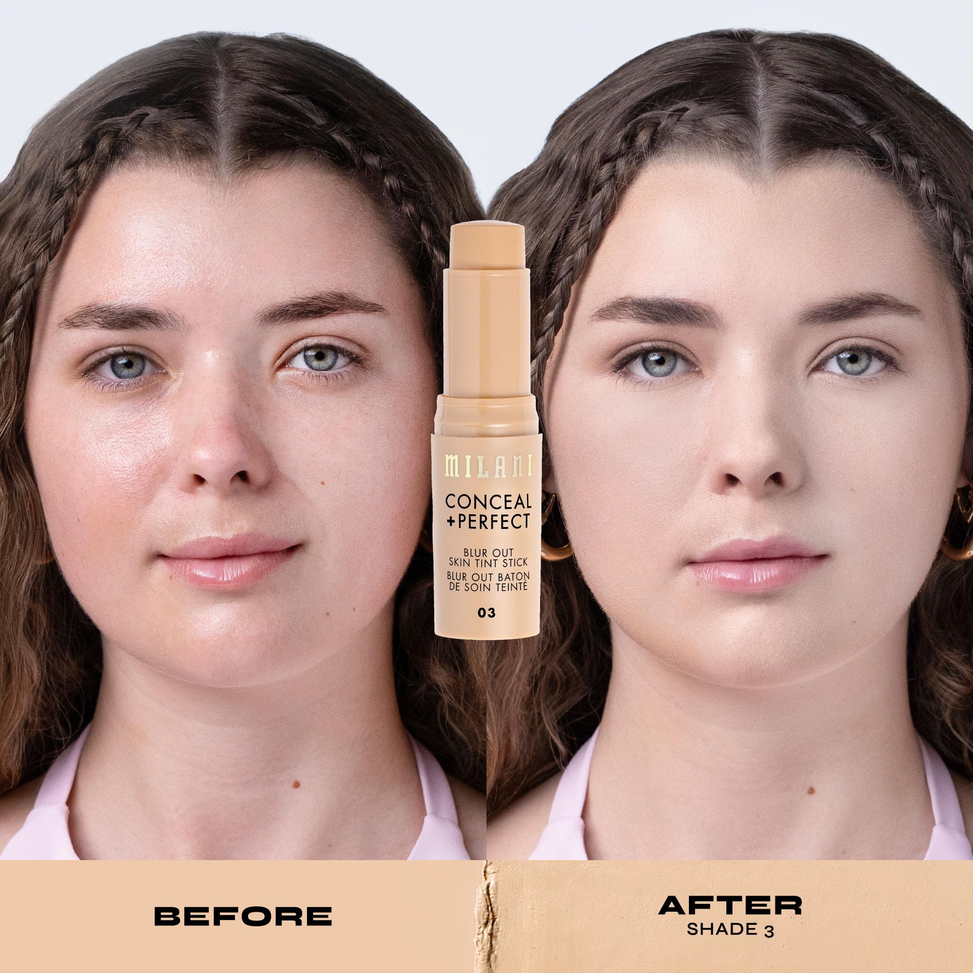 Milani Conceal + Perfect Blur Out Skin Tint Stick shade 03 arm swatches show pigment.