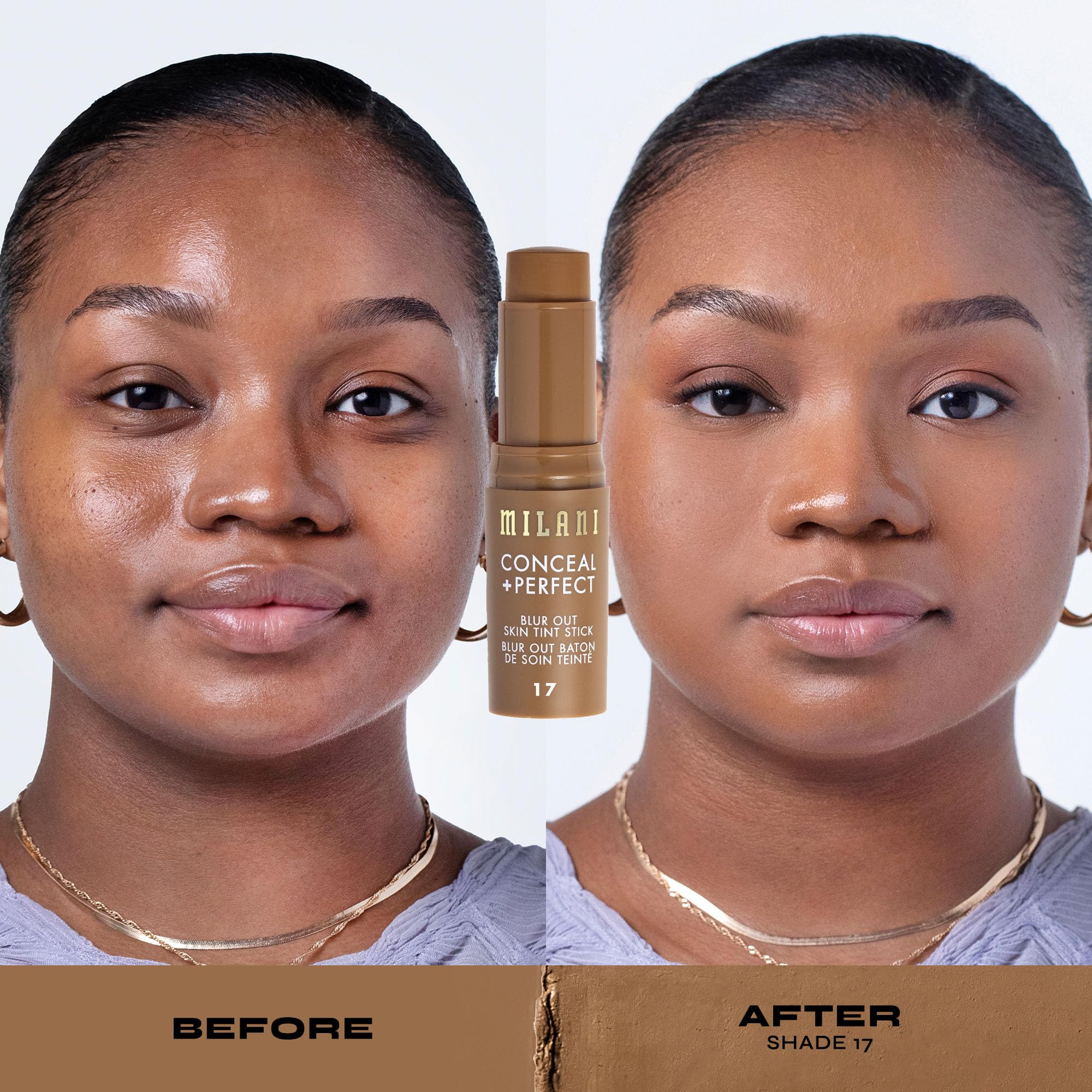 Milani Conceal + Perfect Skin Tint Stick on cheek demonstrates seamless blend.