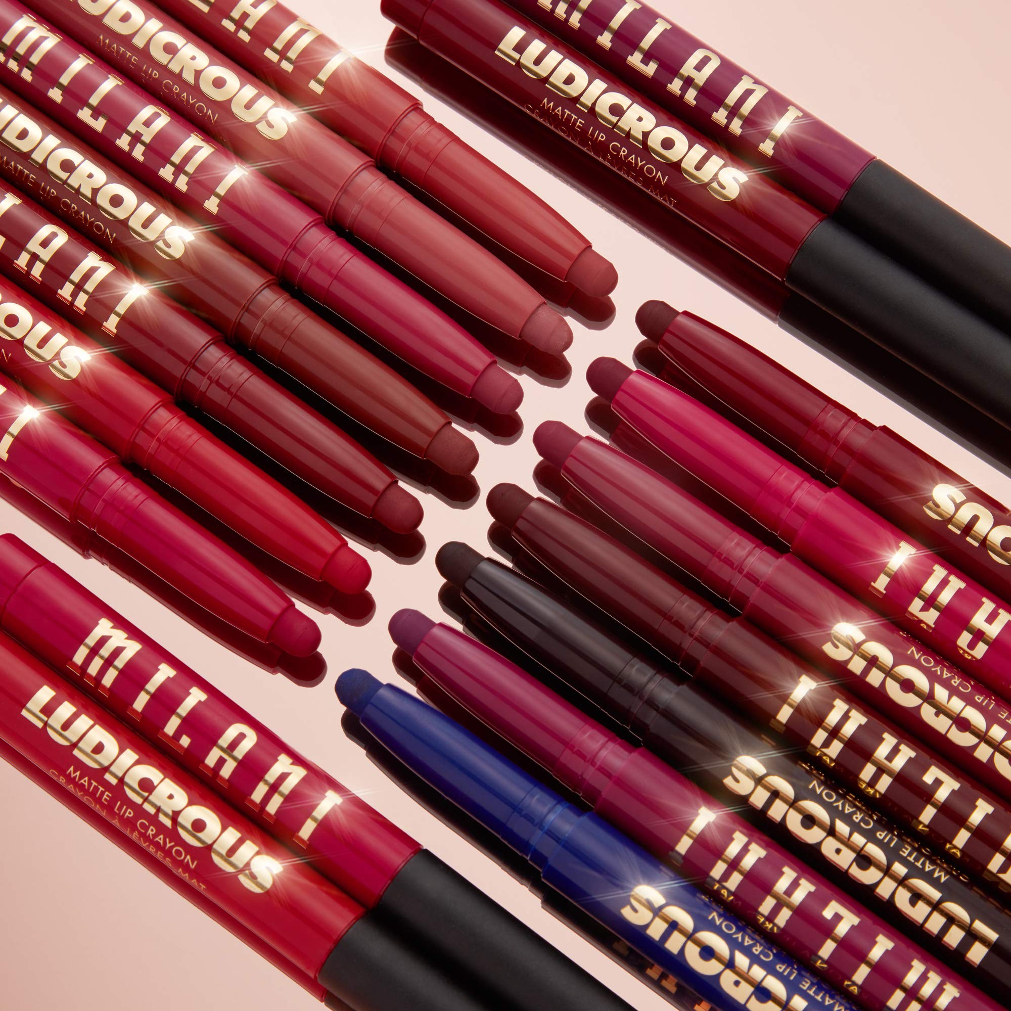 Milani Ludicrous Lip Crayon 14 shade swatches displaying vibrant options