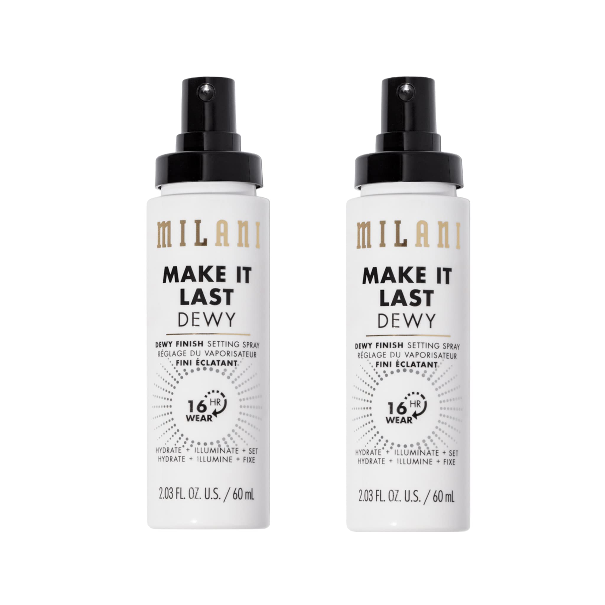 Milani Make It Dewy spray bottle close-up highlighting hydration and glow.