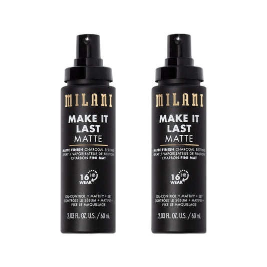 Milani Make It Last Matte bottle demonstrates oil-absorbing performance for a shine-free look.