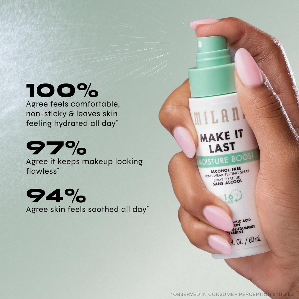 Milani Make It Last Moisture Boost setting spray applied on makeup for a dewier finish