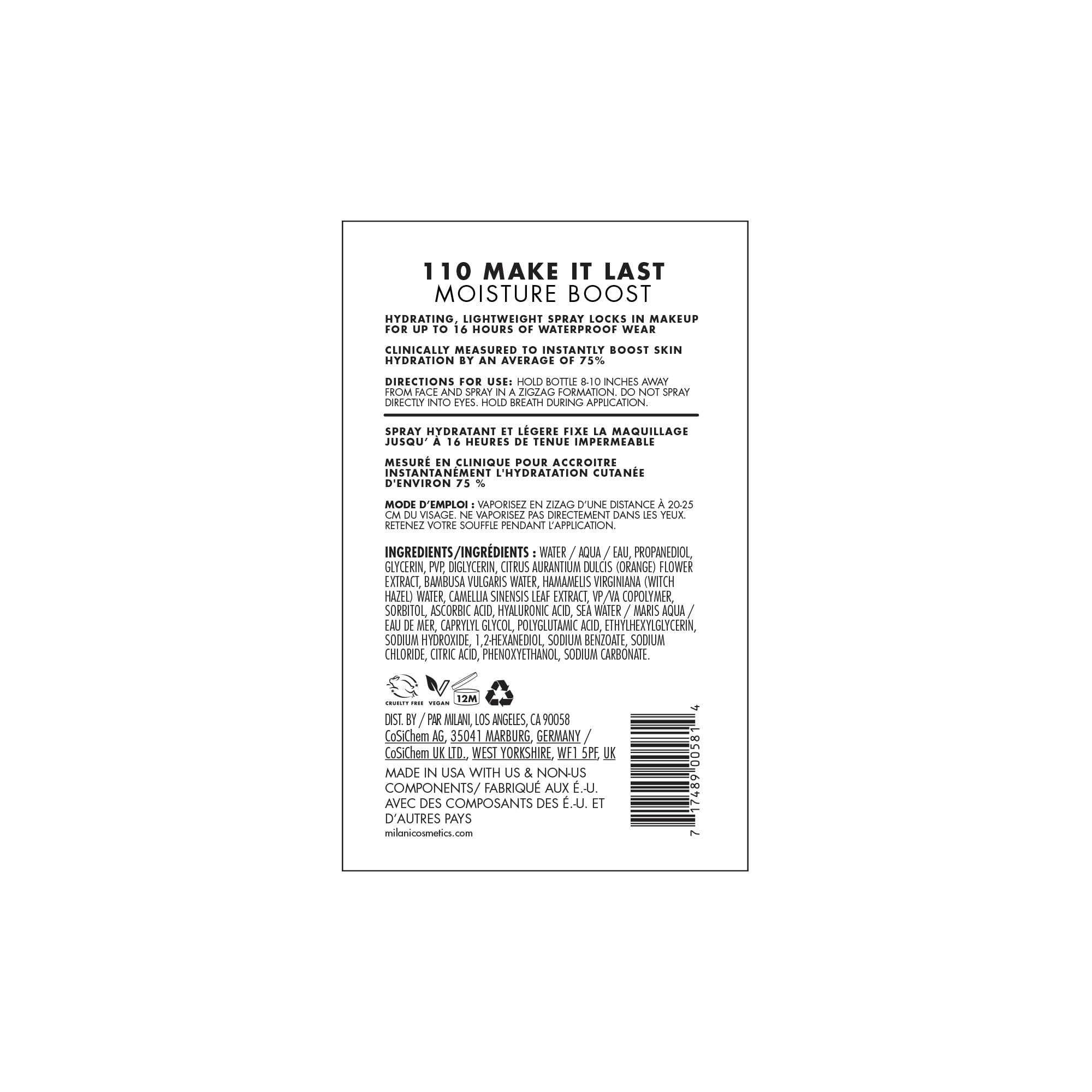 Vegan cruelty-free Milani setting spray with bamboo and orange blossom extracts