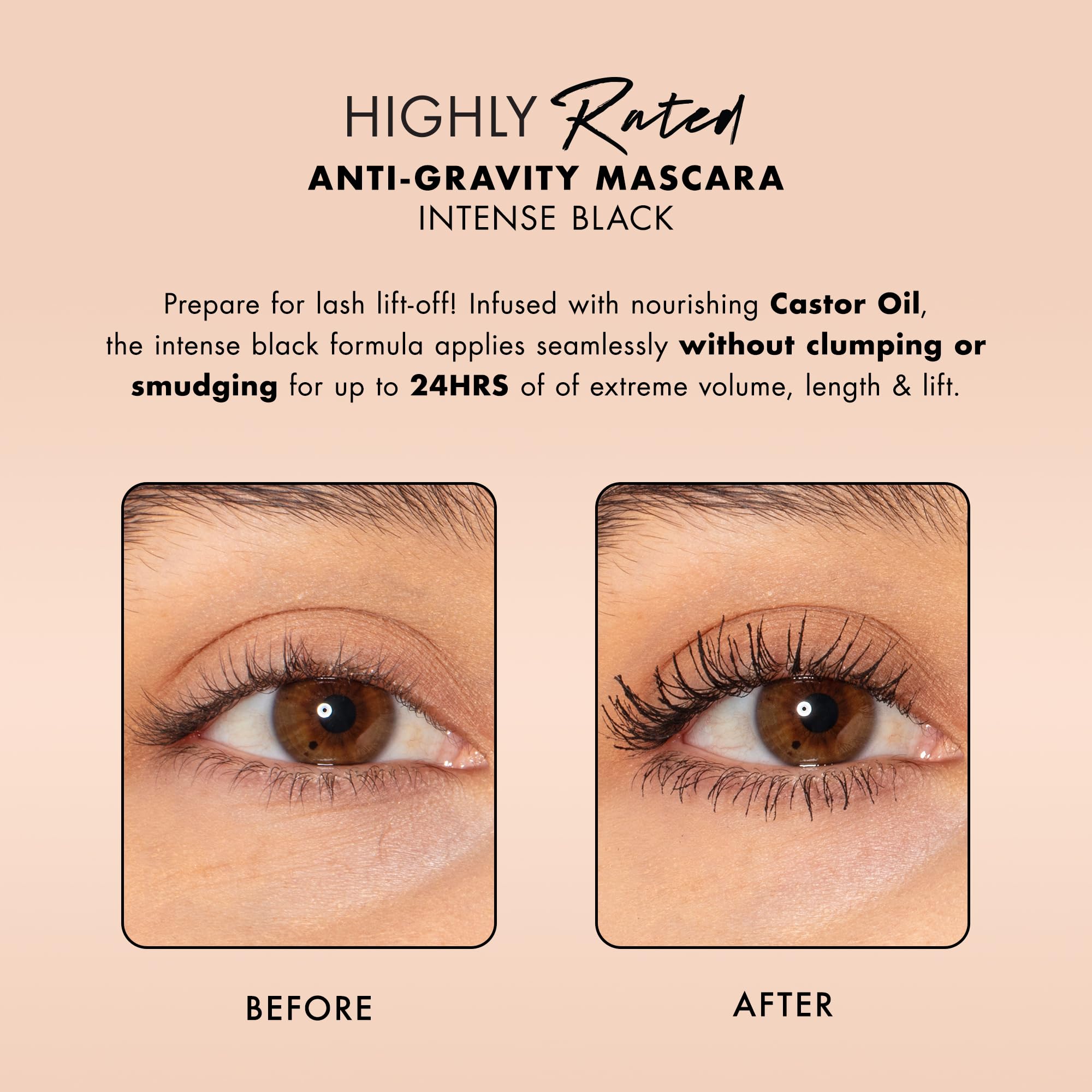 Milani mascara formula with castor oil offers lash nourishment.