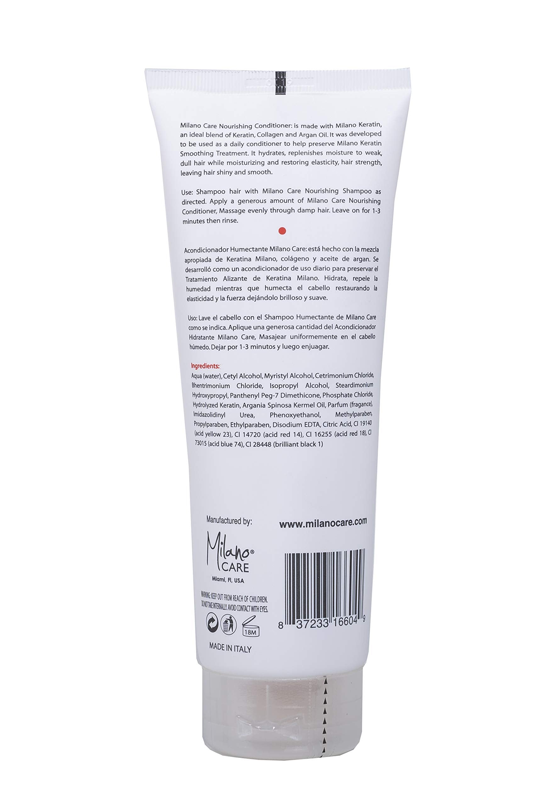 Milano Care conditioner on hair smoothing strands with gentle slip.