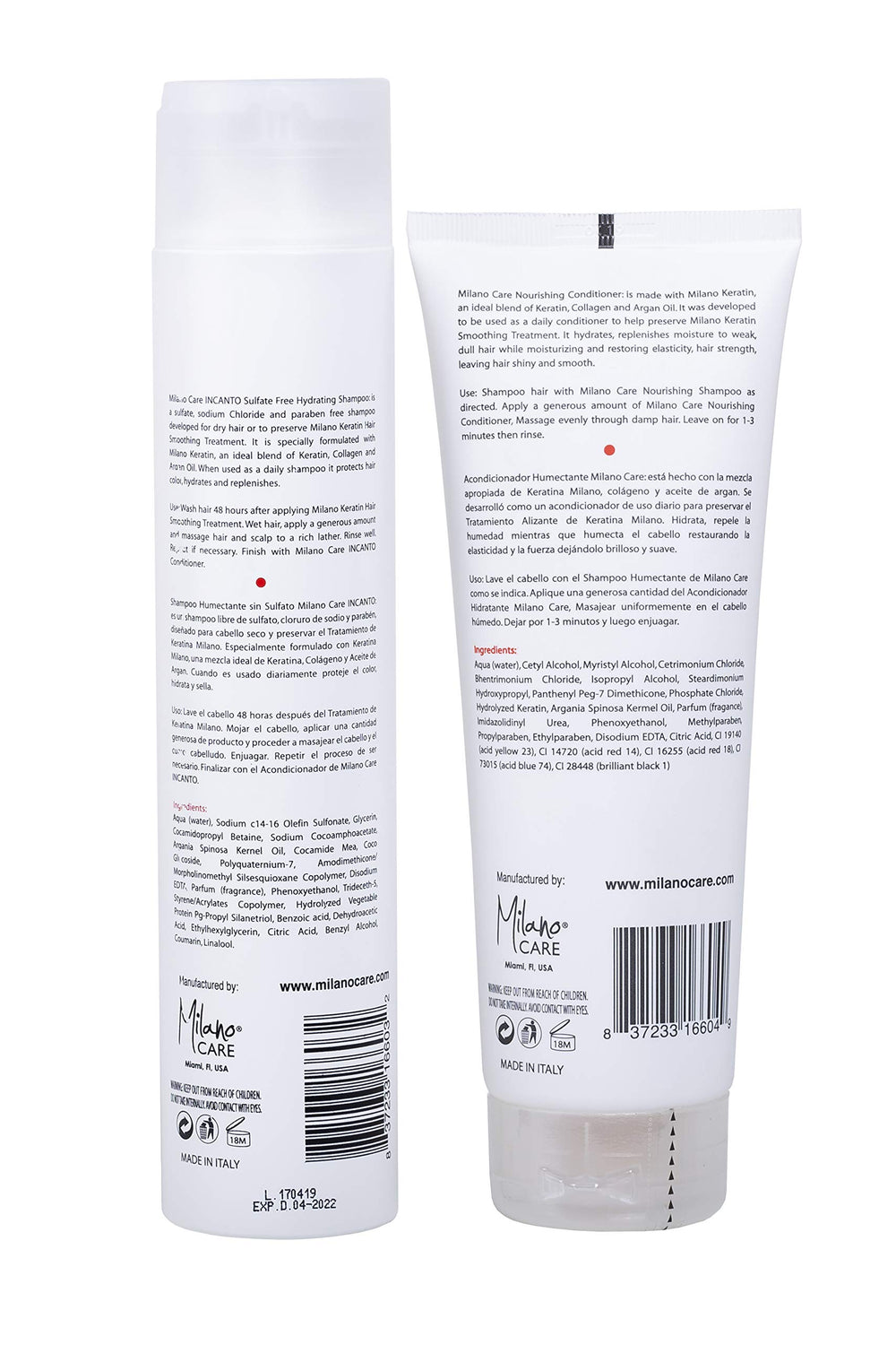 Milano Care keratin conditioner bottle closeup for smooth, manageable hair.