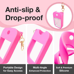 MILASONUS Touchland Power Mist hot-pink case with carabiner for easy attachment.