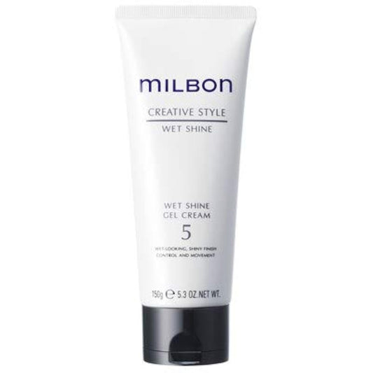 Milbon Creative Style Wet Shine 5.3oz bottle—promotes frizz control and high-gloss shine.