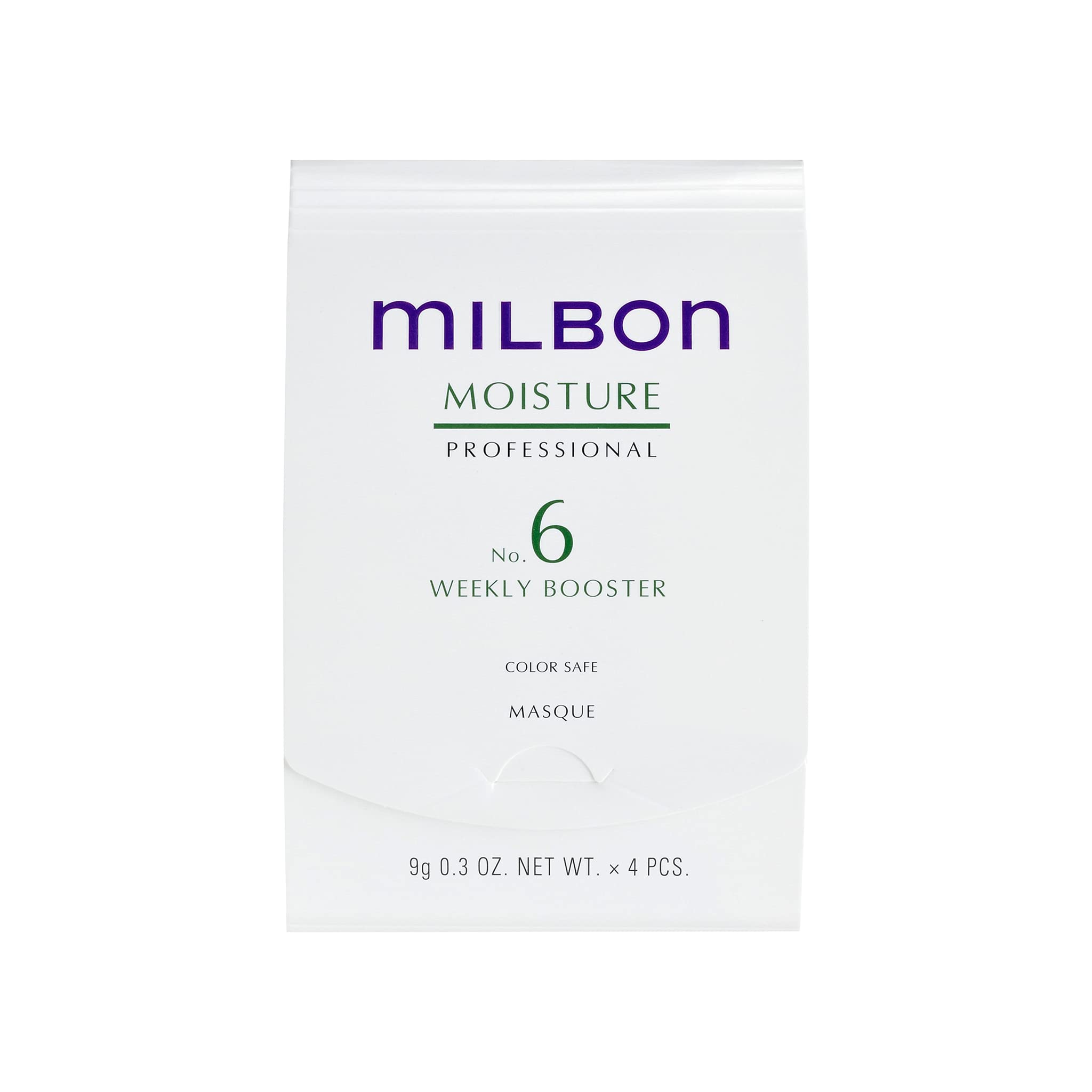 Milbon Moisture No.6 Weekly Booster bottle close-up for deep conditioning and color vitality.