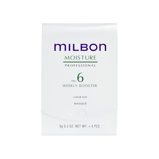 Milbon Moisture No.6 Weekly Booster bottle close-up for deep conditioning and color vitality.