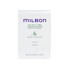Milbon Moisture No.6 Weekly Booster bottle close-up for deep conditioning and color vitality.