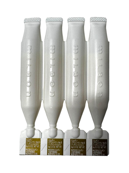 Close-up of Milbon No. 5 Reawaken label highlighting color-safe formula.