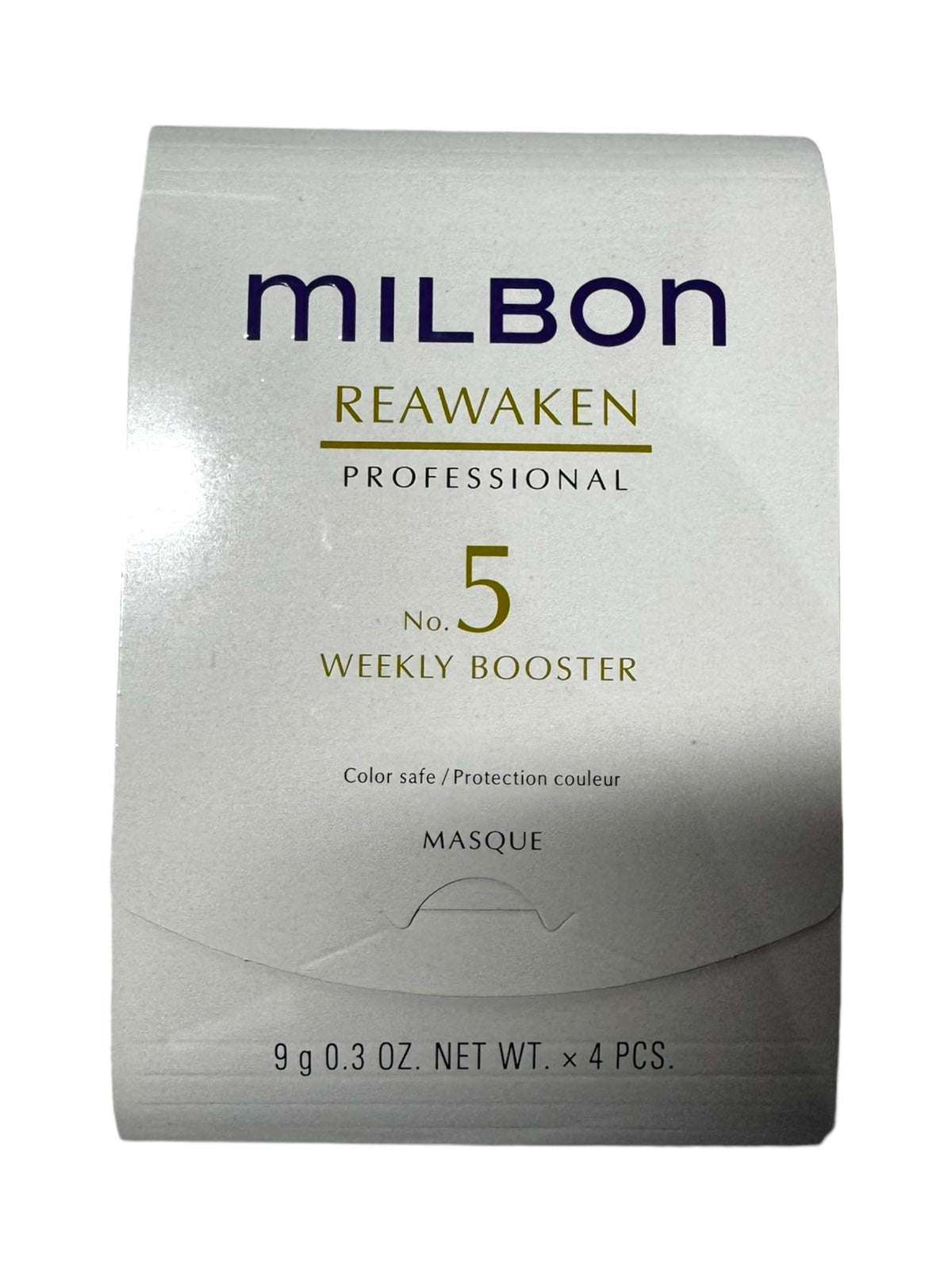 Milbon No. 5 Reawaken bottle pour showing moisturizing booster for dry, aging hair.