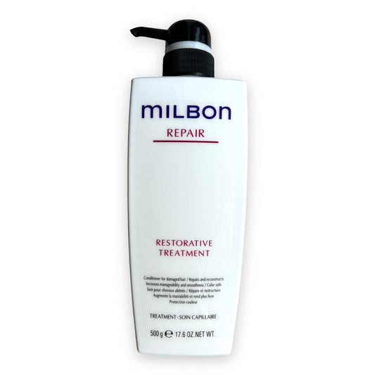 Milbon Repair Restorative Conditioner bottle close-up highlighting damage repair and smoothness