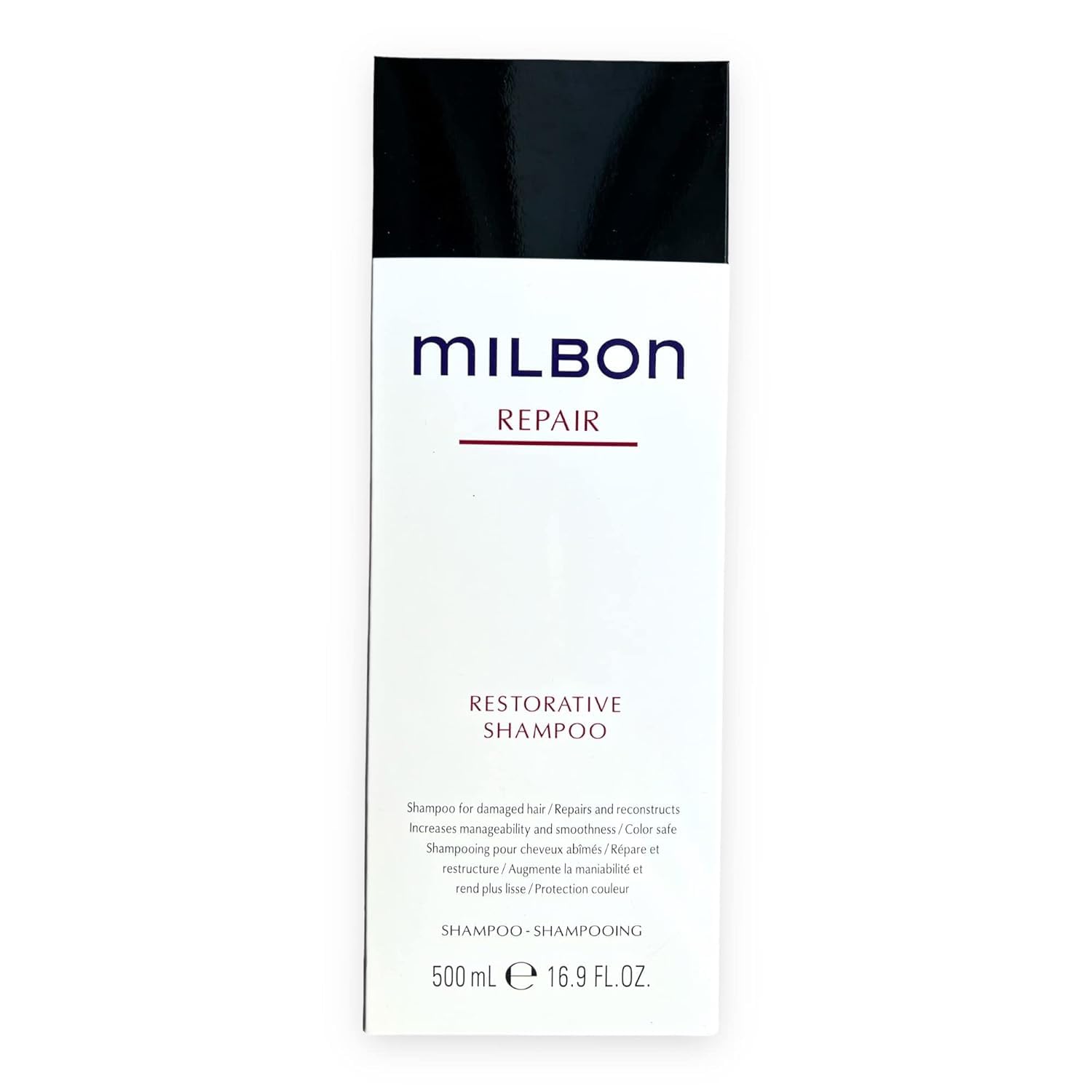 Milbon Repair Restorative Shampoo bottle front view, for repairing damaged hair and restoring resilience.