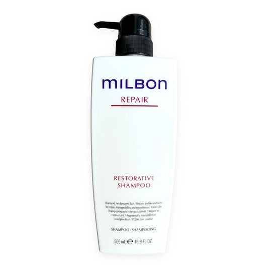 Milbon Repair Restorative Shampoo label close-up highlighting dual-repair technology.