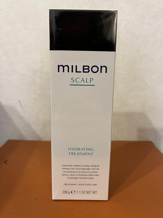 Milbon Scalp Hydrating Treatment bottle close-up for soothing scalp moisture.