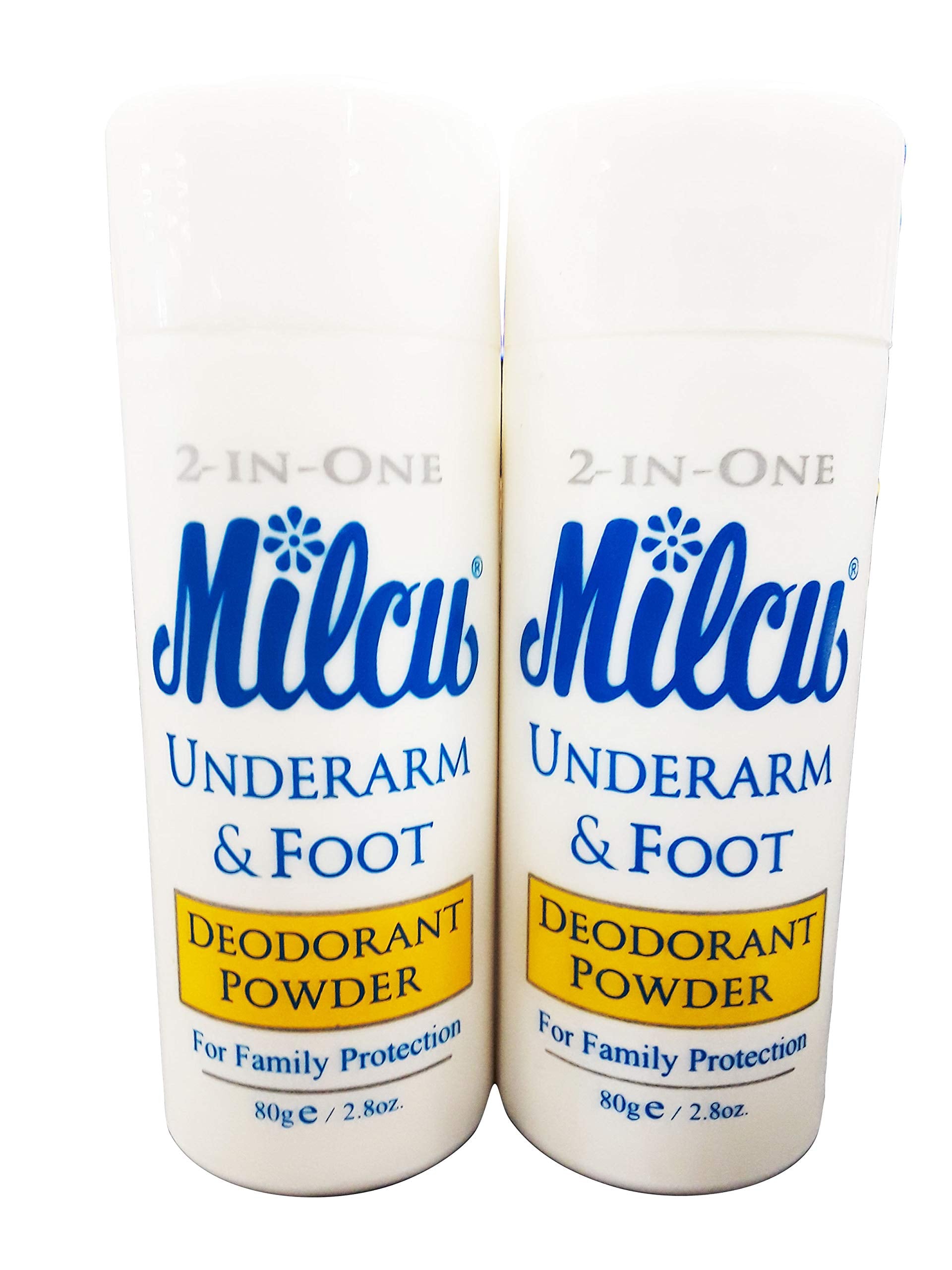 Milcu deodorant powder bottle front view for long-lasting freshness.