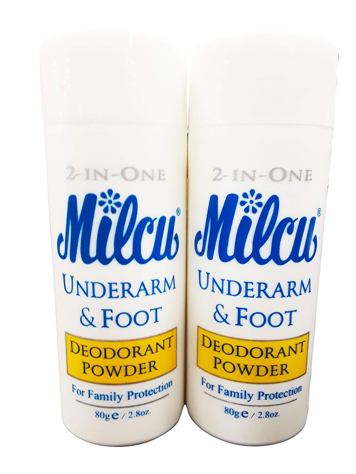 Milcu deodorant powder bottle front view for long-lasting freshness.