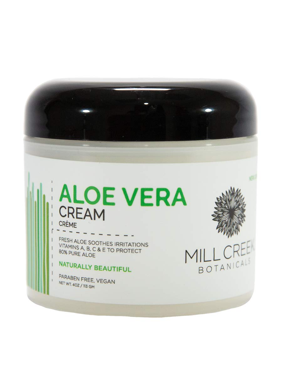 Mill Creek Aloe Vera Cream bottle showing 80% aloe and vitamins for soothing hydration