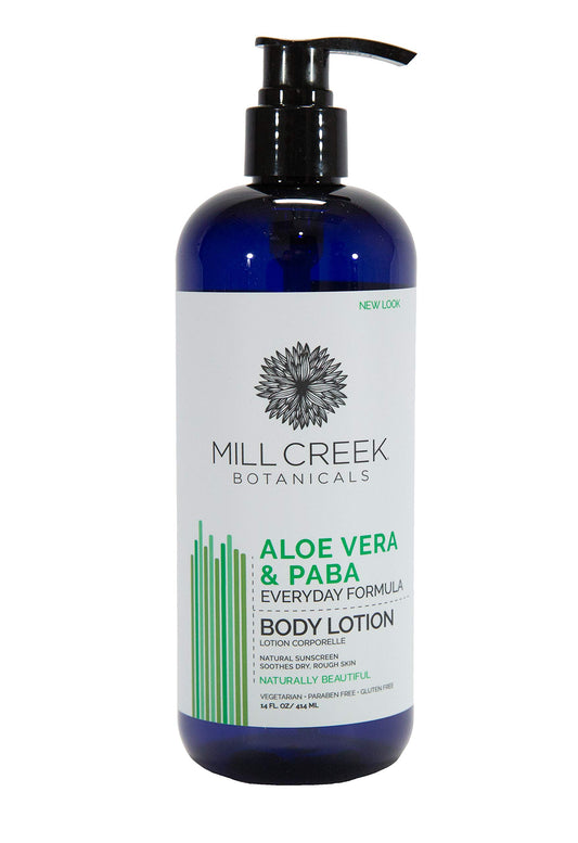 Mill Creek Aloe Vera and PABA Lotion bottle front shows hydration and protection.
