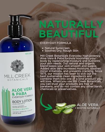 Mill Creek Aloe Vera and PABA Lotion label closeup highlights paraben and gluten-free formula.