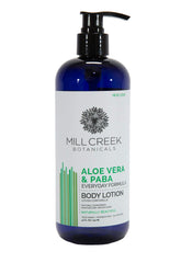 Mill Creek Aloe Vera and PABA Lotion bottle highlighting natural moisturization and UV protection.