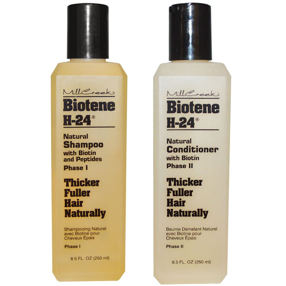 Mill Creek Biotene H-24 shampoo bottle, gentle daily cleansing in action.