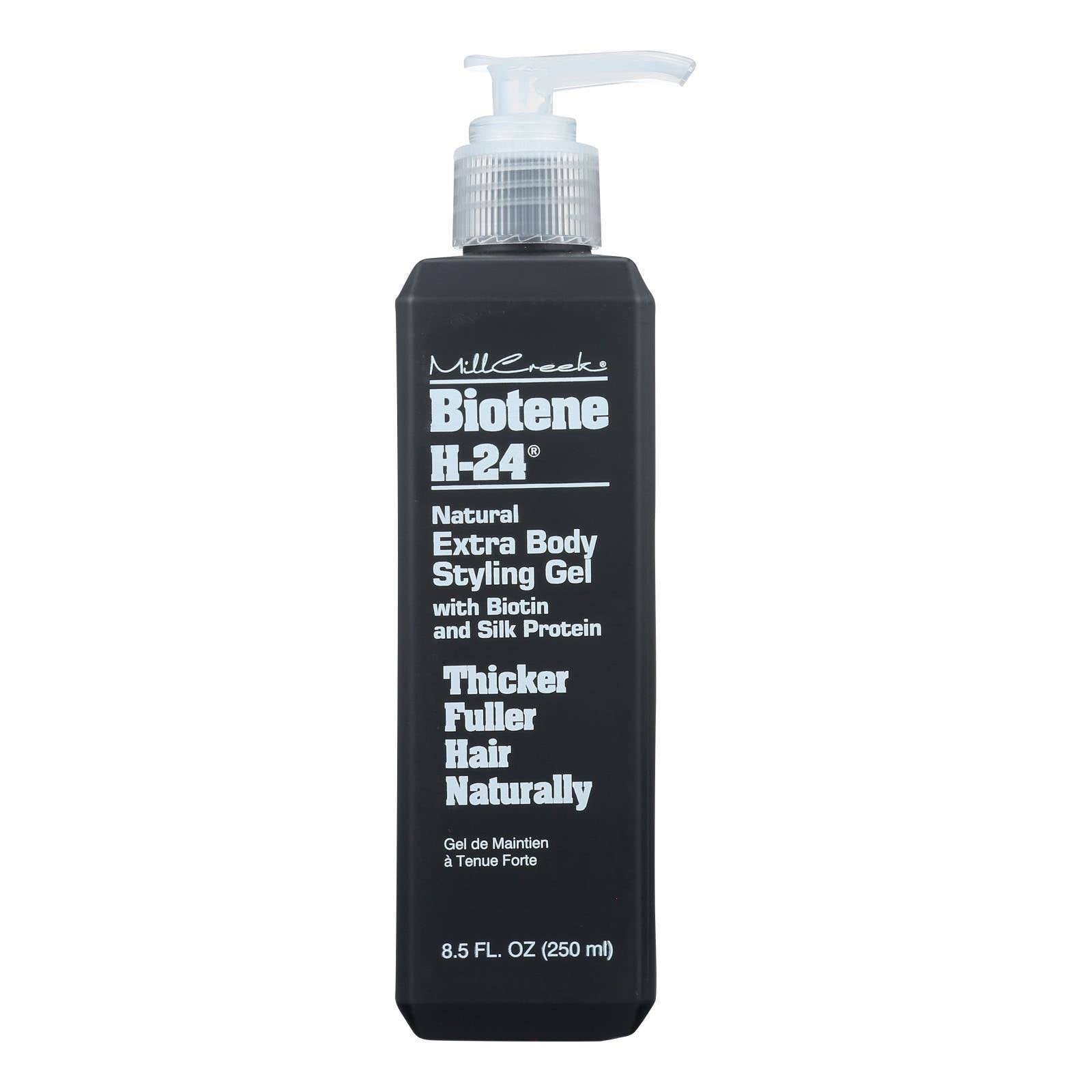 Mill Creek Biotene H-24 styling gel bottle showing extra body and shine for fine hair.