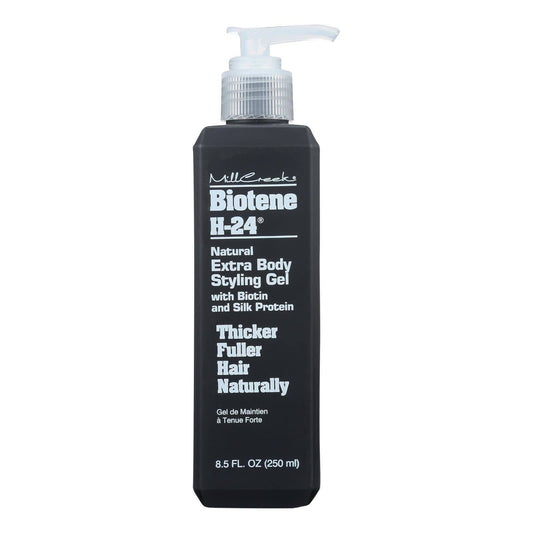 Mill Creek Biotene H-24 styling gel bottle showing extra body and shine for fine hair.
