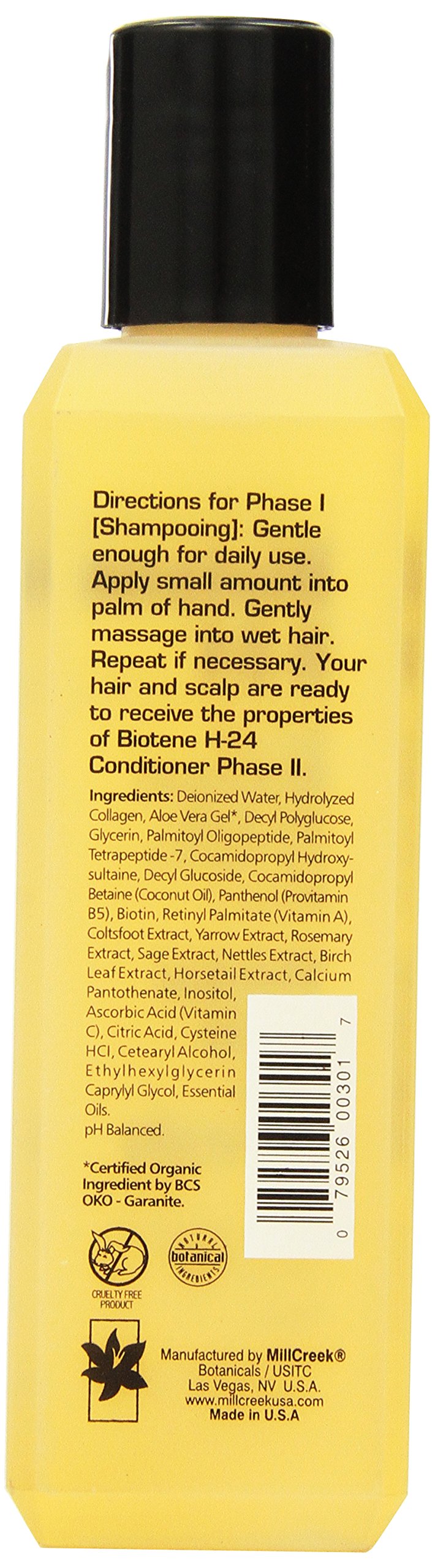 Mill Creek Biotene H-24 Shampoo front label shows natural biotin care.