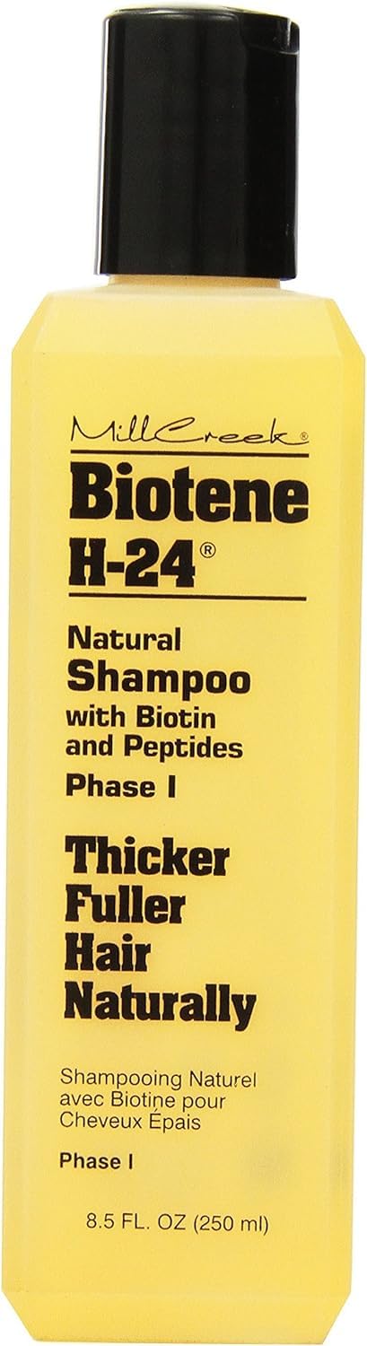Mill Creek Biotene H-24 Shampoo label closeup, featuring biotin and keratin benefits for hair health.