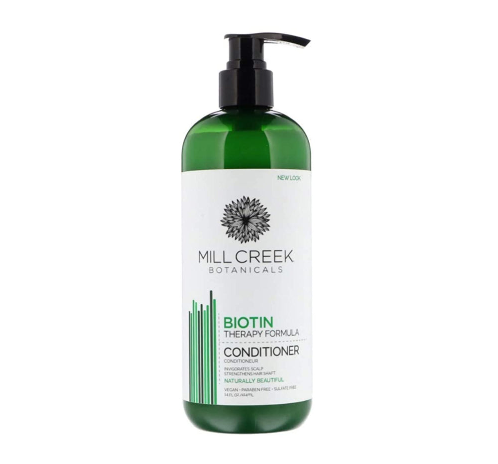 Mill Creek Biotin Conditioner front bottle highlights shine and manageability.