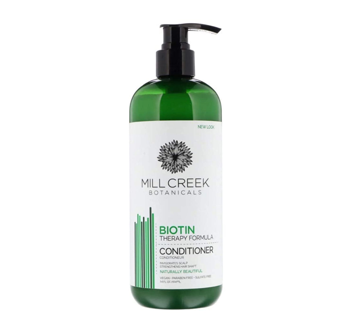 Mill Creek Biotin Conditioner front bottle highlights shine and manageability.