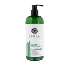 Mill Creek Biotin Conditioner front bottle highlights shine and manageability.