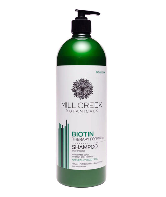 Mill Creek Biotin Shampoo 32oz bottle front view for daily cleansing.