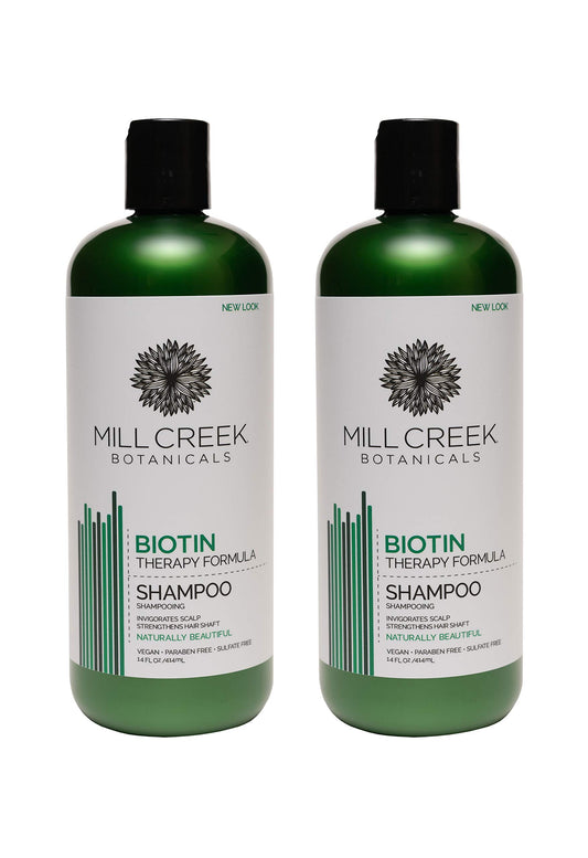 Mill Creek Biotin Shampoo bottle highlighting scalp-nourishing formula for healthy hair.