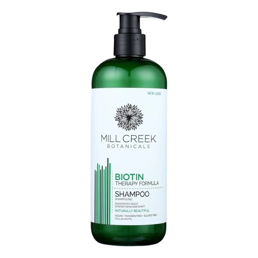 Mill Creek Biotin Shampoo bottle with nourishing formula for a healthier scalp