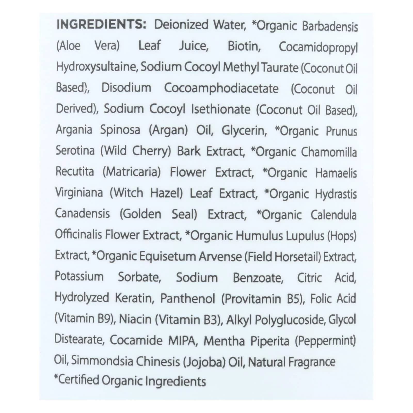 Mill Creek Biotin Shampoo label highlighting biotin therapy with argan oil and aloe