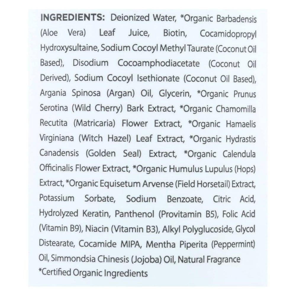 Mill Creek Biotin Shampoo label highlighting biotin therapy with argan oil and aloe