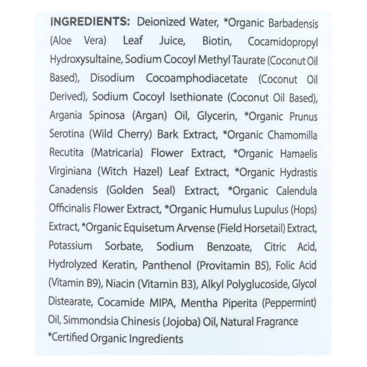 Mill Creek Biotin Shampoo label highlighting biotin therapy with argan oil and aloe