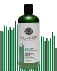 Mill Creek Biotin Shampoo label with biotin blend for hair growth support.